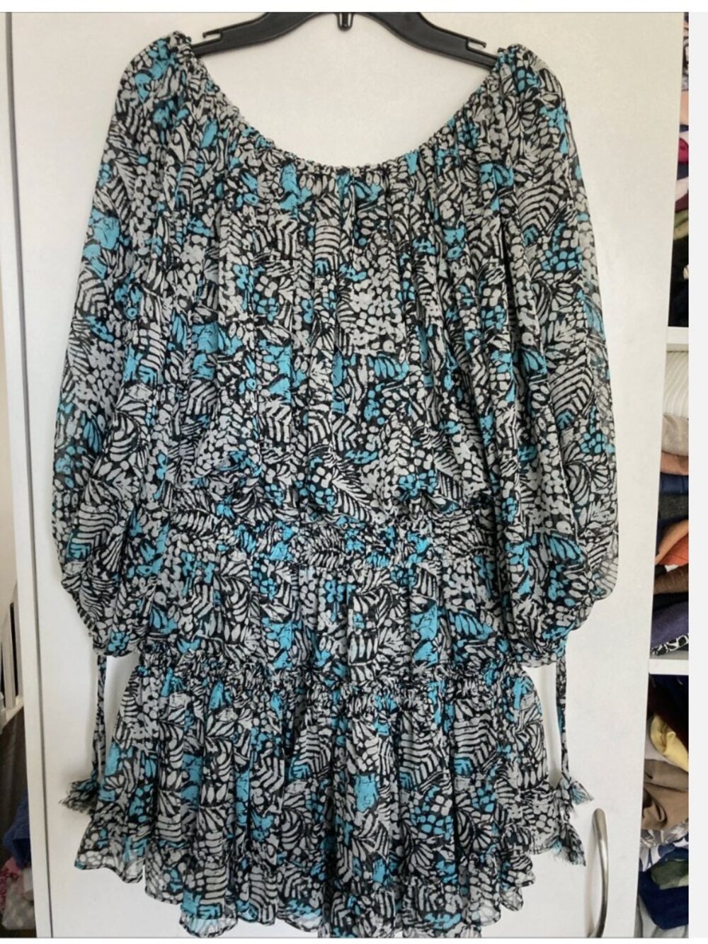 Misa Los Angeles Zonia Black Blue Printed Mini Dress Off the Shoulder Ruffle XS